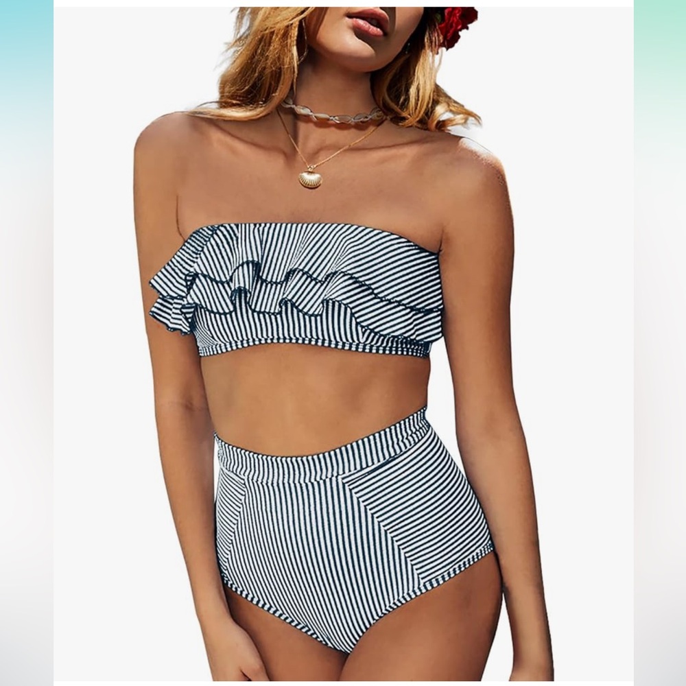 Striped Bandeau Bikini with Ruffle Detail